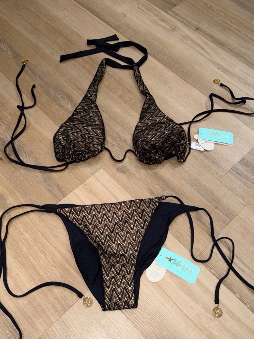 Luli Fama Black & Gold Zigzag String Bikini